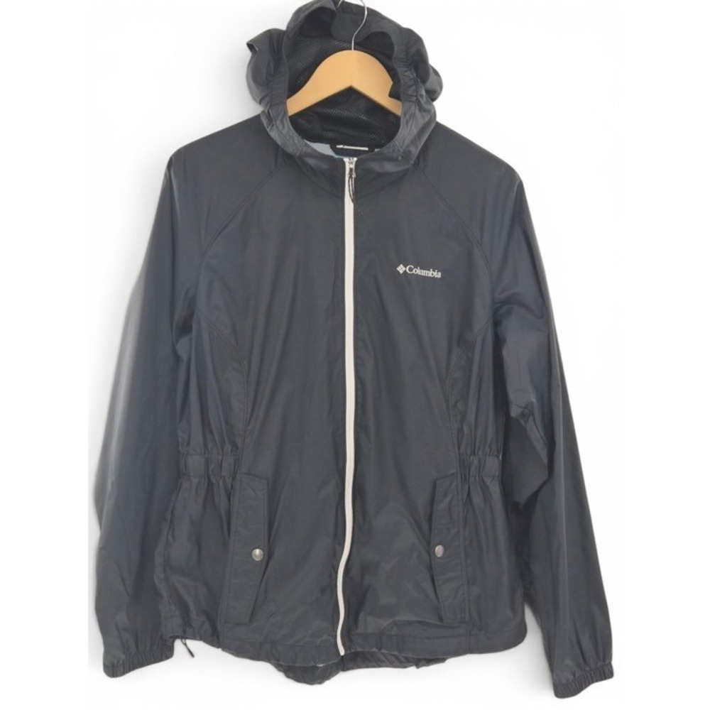 Columbia Women's Black Hooded Windbreaker Jacket L Full Zip Drawcord Hem Pockets